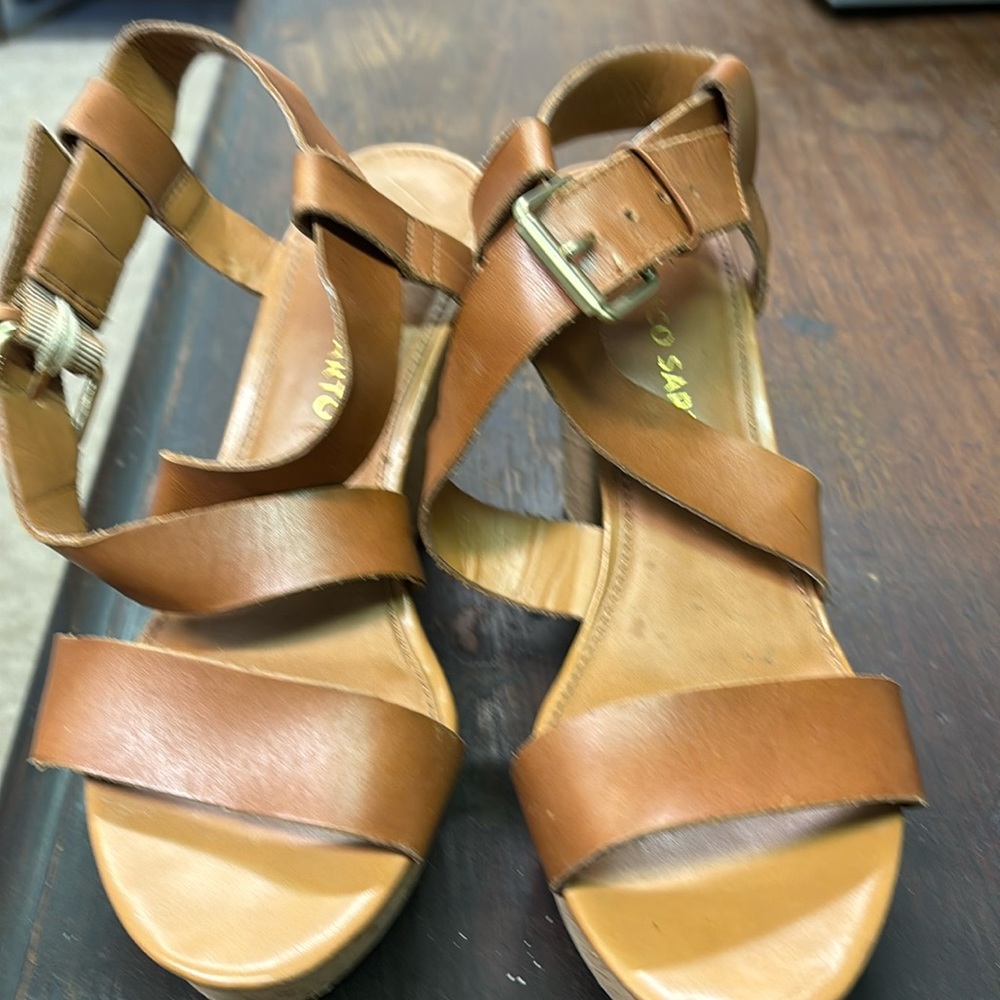 Franco sarto brown leather wedge sandal with cork heel size 6.5